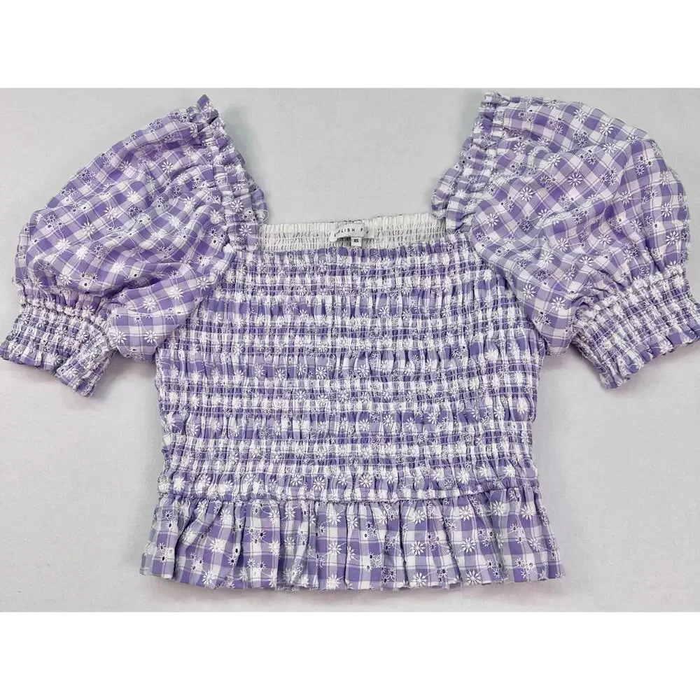 NWOT English Factory Smocked Gingham Puff Sleeve Blouse Square Neck Lavender XS - Picture 5 of 9